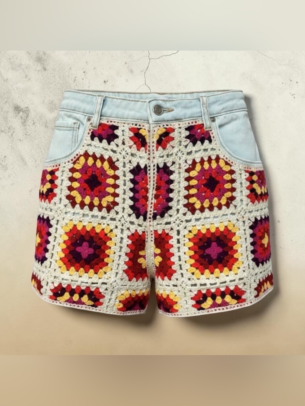 Crochet Granny Square Denim Shorts Boho Summer Trend Juniors Size 7